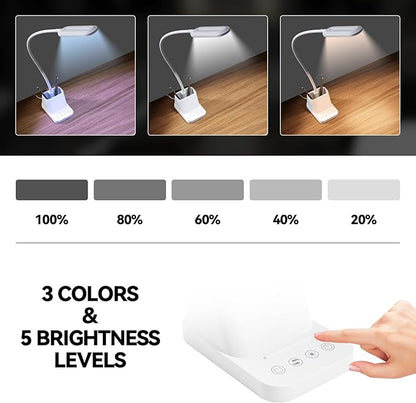 AXX White LED Desk Lamp with USB Charging Port, Flexible Gooseneck Table Light, 650LM, Phone Mount, Pen Holder, Timer Settings, Study Essentials for College Dorm Room Home Office Bedroom