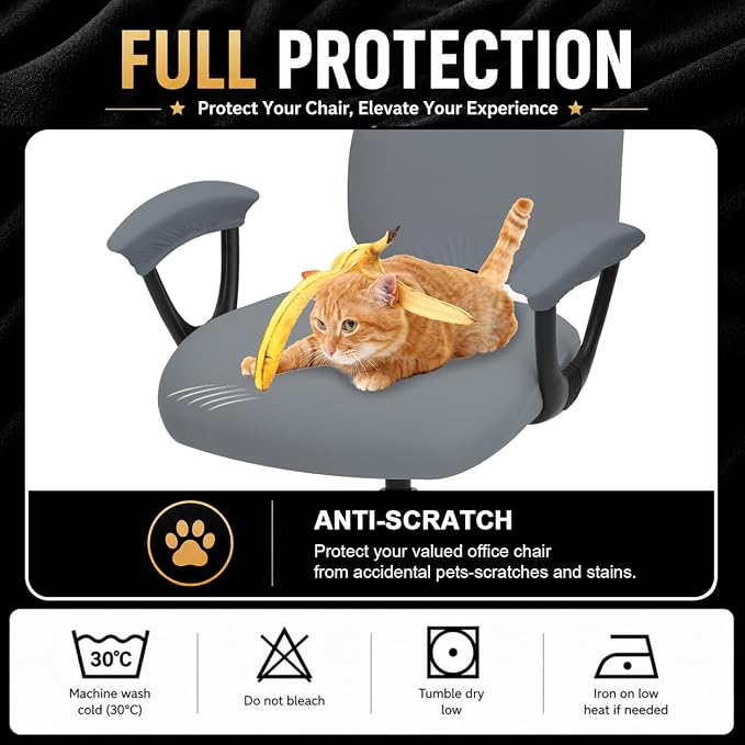 Super Stretchable Separate Office Chair Seat Covers - Universal Spandex Computer Chair Slipcover - Rotating Backrest Coverings & Cushion Protectors & Armrest Covers for Dogs, Cats, Pets, Mid Gray