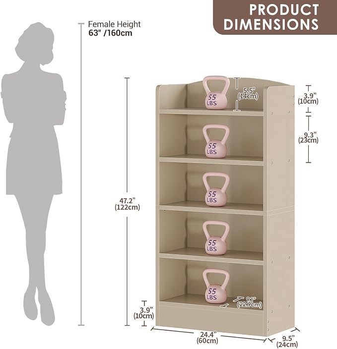 ALISENED 5-Tier Bookcase, Open Bookshelves and Bookcases with Storage Shelves, Floor Standing Unit, Display Storage Shelves for Bedroom Library Living Room Home Office, Khaki