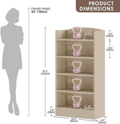 ALISENED 5-Tier Bookcase, Open Bookshelves and Bookcases with Storage Shelves, Floor Standing Unit, Display Storage Shelves for Bedroom Library Living Room Home Office, Khaki