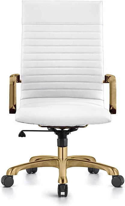 LeisureMod Harris High-Back Task Office Chair - Modern Leather Upholstery with Gold Frame, Ribbed Design 360 Degree Adjustable Swivel for Home, Office, and Study Room