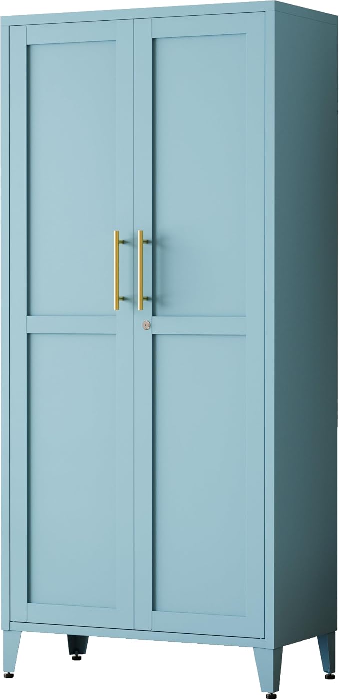 Metal Storage Cabinet with Lock,Blue Steel Tool Cabinet with 3 Adjustable Shelves,61 Tall Freestanding Heavy Duty Garage Locker for Home Office Kitchen 61" H X 27.6" W X 13.8" D