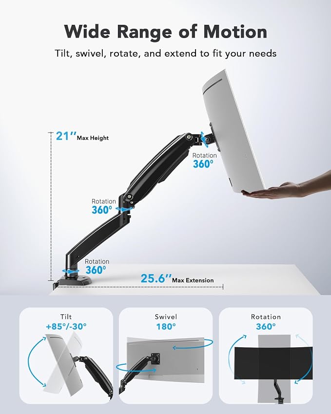 HUANUO Single Monitor Arm for 13-35 inch Screens,Ultrawide Computer Monitor Mount Holds 26.4lbs,Upgraded Adjustable Monitor Stand with USB,C-Clamp&Grommet Base,VESA 75x75/100x100mm(Black)