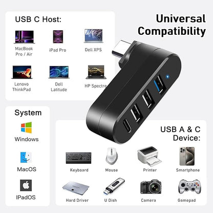 VIENON 4-Port USB C Hub [90°/180° Degree Rotatable], USB C Adapter Splitter with PD-in 5W Port, USB Extender for MacBook, iMac, Surface, and More C Port Laptop(Not for Car)