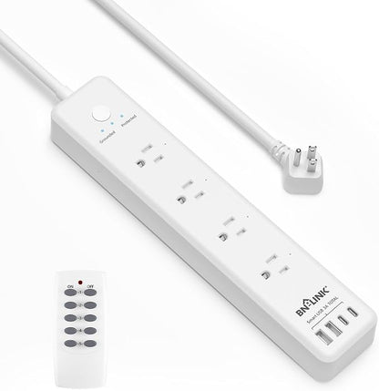 BN-LINK Remote Control Power Strip with 4 Independent Outlets，4 USBs (incl. 20W USB-C), 3.9Ft Extension Cord, 15A/1875W Overload Protection, Wall Mount, for Home, Office, ETL Listed, 1200J