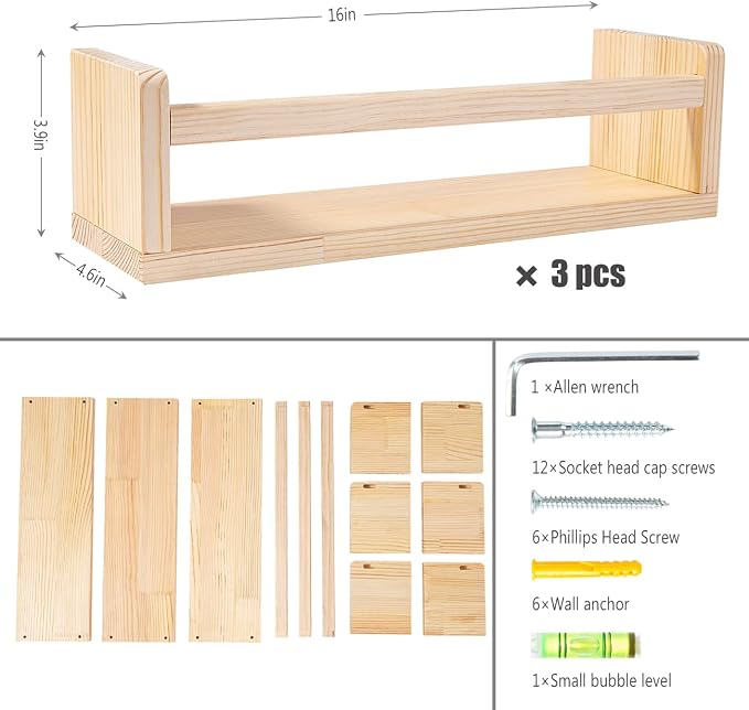 AZSKY Floating Nursery Book Shelves-Natural Wood Bookshelf for Kids Room 16 Inch, Small Bookshelf Wall Mounted for Baby Boys Girls-Living Room, Bathroom, Kitchen, Decor & Storage for Books and Dolls