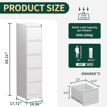5 Drawer File Cabinet with Lock, Vertical Filing Cabinets for Home Office, Locking File Cabinet Hanging Files for A4/ Legal/Letter, Require Assembly, White