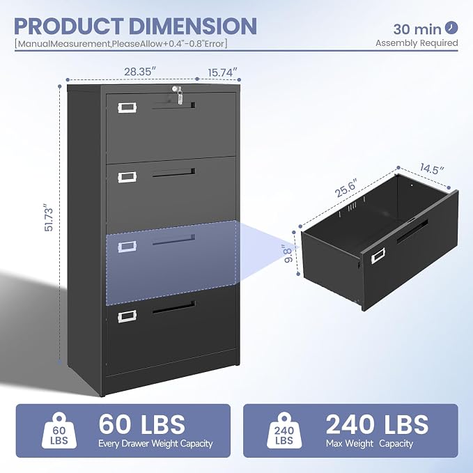 Metal Lateral 4 Drawer File Cabinet with Lock, Wide Filing Cabinet for Home Office Organization Hanging Files Letter/Legal/F4/A4 Size (Black, Assembly Required)