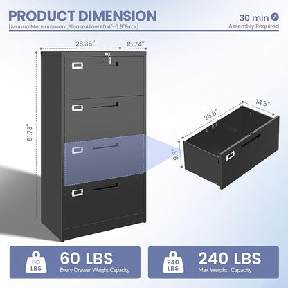 Metal Lateral 4 Drawer File Cabinet with Lock, Wide Filing Cabinet for Home Office Organization Hanging Files Letter/Legal/F4/A4 Size (Black, Assembly Required)