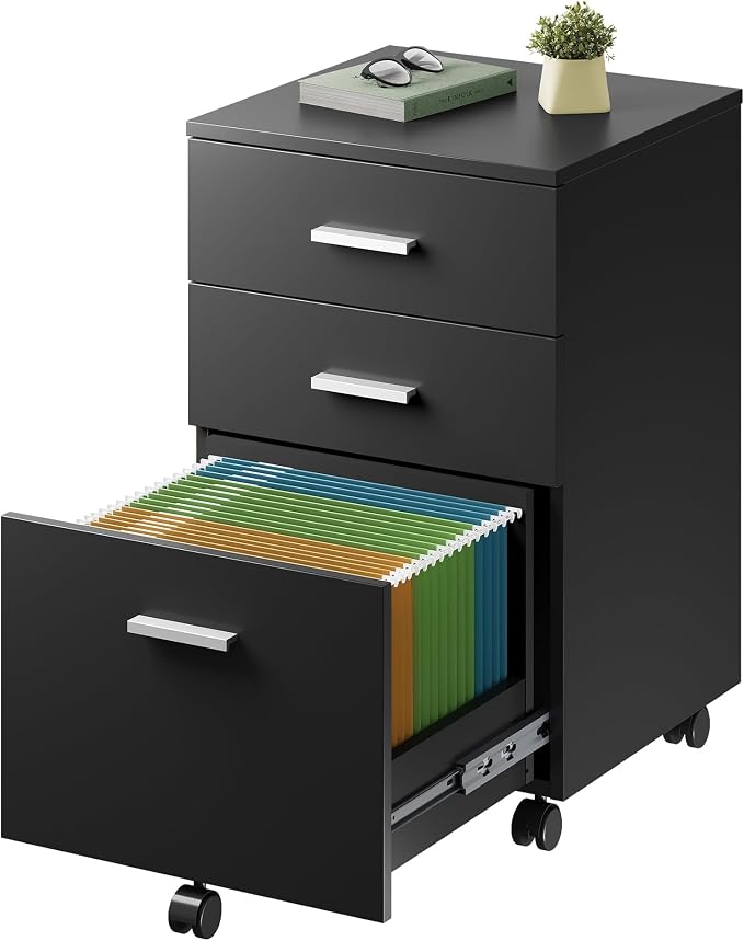 DEVAISE 3 Drawer Wood Mobile File Cabinet, Rolling Filing Cabinet for Letter/A4 Size, Printer Stand for Home Office, Black