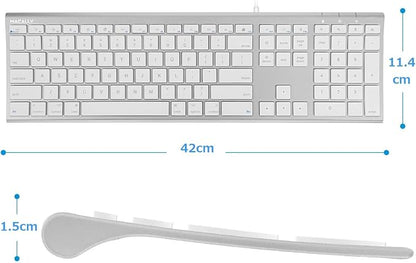 Macally Ultra Slim USB Wired Computer Keyboard - Compatible Apple Keyboard or Windows - Full Size with 20 Mac Keyboard Keys -with Numeric Keypad - Silver Aluminum Finish