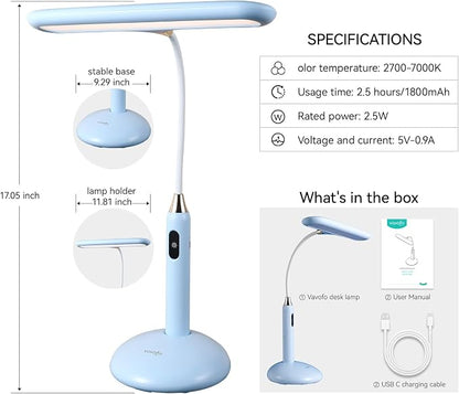 VAVOFO Wireless LED Desk Lamp 6778B - Touch Control, 2700-7000K Adjustable Color Temperature, 700 Lumens, 360° Gooseneck, USB-C Charging, 2.5 Hours Wireless Use, Eye-Caring Light (Blue)