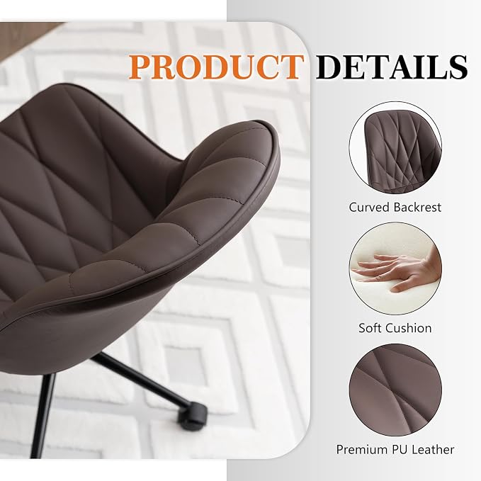 Rowill Modern Office Chair - Ergonomic Swivel Leather Desk Chair with Curved Backrest, Height Adjustable Rolling with Wheels, Perfect for Study Room & Office, Brown