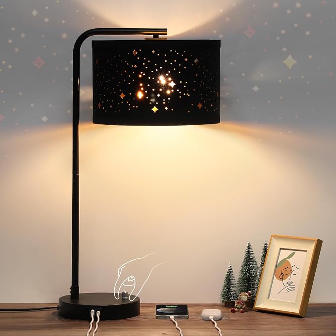 Bedside Table Lamp with USB C+A Ports, Fully Dimmable Modern Nightstand Side Lamps with Stars Shade, Tall Desk Reading Lamps for Living Room Bedroom 3000k LED Bulb Included