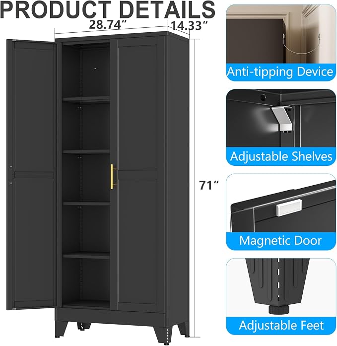 pozdeg 71" Tall Metal Storage Cabinet with 2 Doors & 4 Adjustable Shelves, Steel File Cabinet Multipurpose Organizer for Home Office Garage (Black)