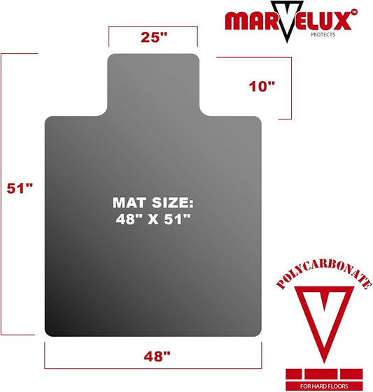Marvelux Heavy Duty Polycarbonate Office Chair Mat for Hardwood Floors 48" x 51" | Transparent Hard Floor Protector with Lip | Multiple Sizes