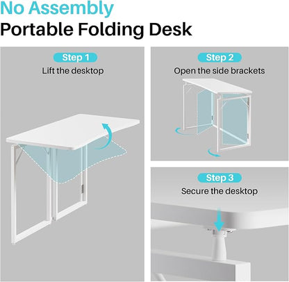 JOYMOOP White Folding Desk - 47.2", No Assembly Large Size Foldable Desk for Home, Office, Wooden Top Folding Computer Desk for Working, Writing, Studying