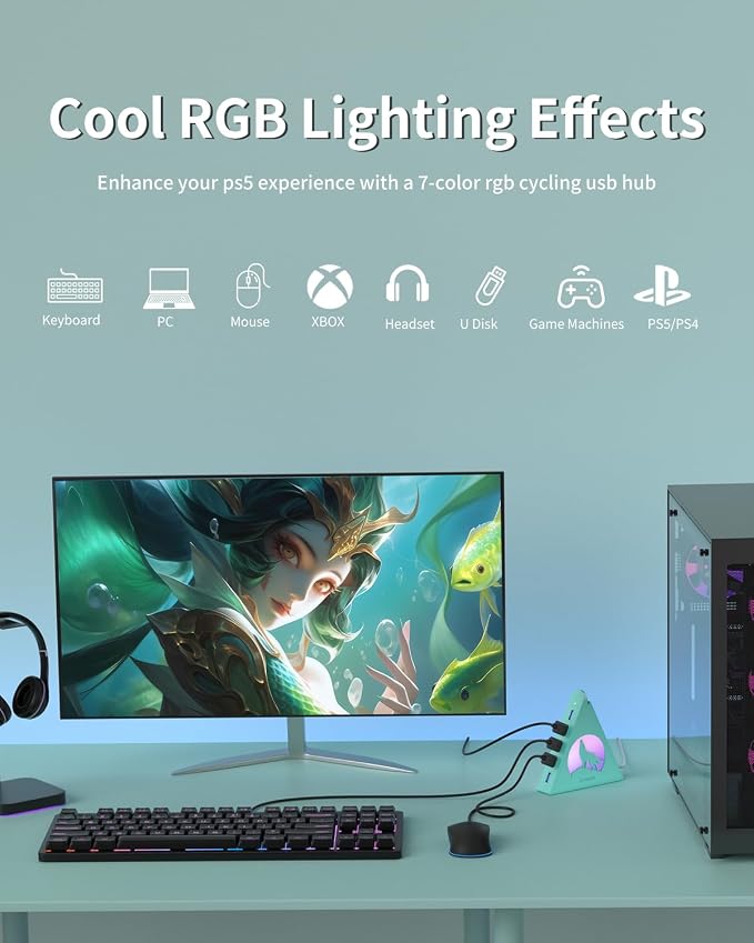 Green 7-Port USB 3.0 Hub,Vertical USB Hub Tower with RGB Lighting & 5Gbps Data Speed, 2FT Cable - Gaming USB Hub Splitter for PC, Desktop, Laptop, PS5, Xbox, Flash Drives