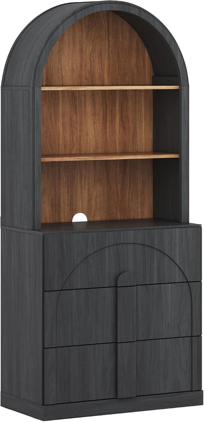 BELLEZE 71" Tall Storage Cabinet with 3 Drawers, Wooden Sideboard Buffet Cabinet with Hutch for Pantry and Kitchen Organizing, 5-Tier Modern Storage Unit for Living Room Home Office, Ebony