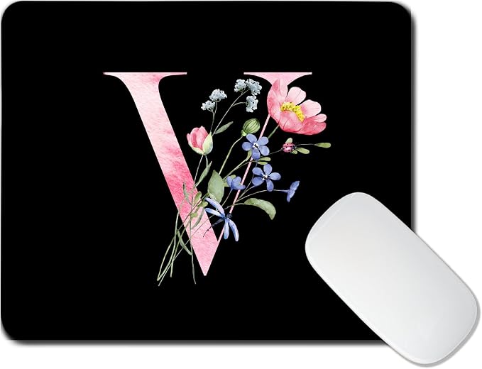 Mouse Pad Pinks Flowers Initial Letters Mousepad Desktop Laptop Computer Accessories Home Office Gaming Work Desk Computer Non-Slip Rubber Monogram Floral Alphabet A-Z mousepad (V)