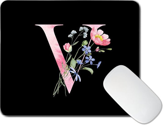 Mouse Pad Pinks Flowers Initial Letters Mousepad Desktop Laptop Computer Accessories Home Office Gaming Work Desk Computer Non-Slip Rubber Monogram Floral Alphabet A-Z mousepad (V)