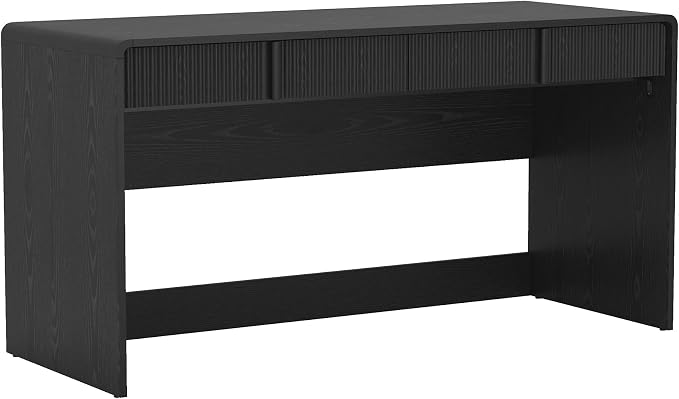 Manhattan Comfort Novara Modern 60" Writing Desk with 2 Smooth-Glide Drawers with Fluted Fronts, Office Desk with Large Work Surface, Stylish Rounded Edges, Black