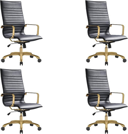 LeisureMod Harris High-Back Task Office Chair - Modern Leather Upholstery with Gold Frame, Ribbed Design 360 Degree Adjustable Swivel for Home, Office, and Study Room