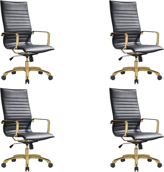 LeisureMod Harris High-Back Task Office Chair - Modern Leather Upholstery with Gold Frame, Ribbed Design 360 Degree Adjustable Swivel for Home, Office, and Study Room