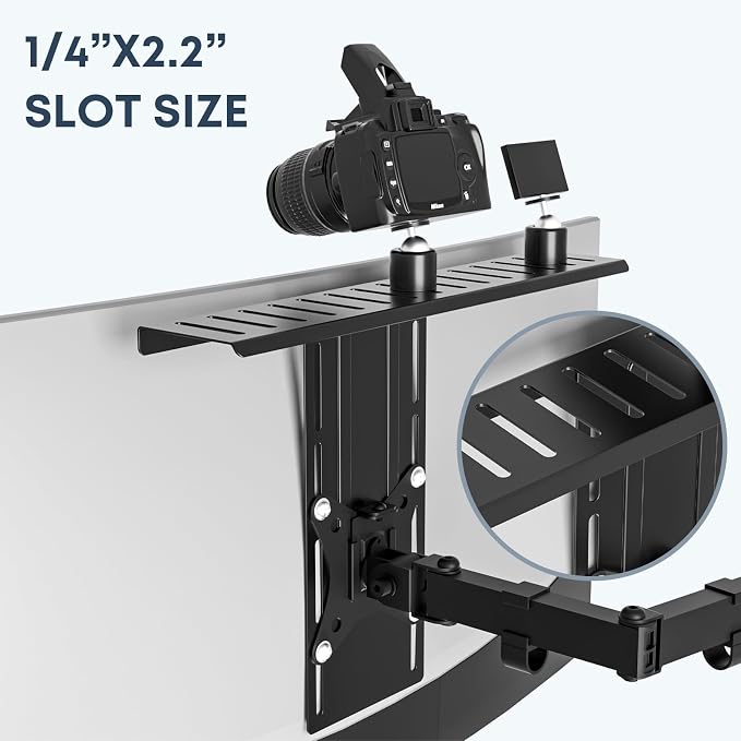 16 inch VESA Monitor Mount Shelf for Streaming - Holds Cameras, Webcams, Microphones & Lights, Height Adjustable, Fits 100×100 mm VESA Pattern, All-in-One Design (Black)