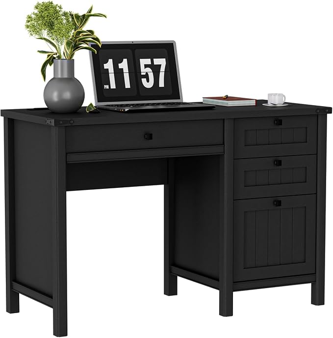 Farmhouse Executive Desk 45 inch Computer Desk with 4 Drawers, Smart Charging Station, Home Office & Study Room Essential for Remote Workers, Professionals & Students, Black