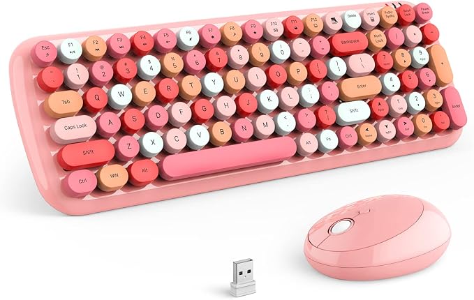 MOFII Wireless Keyboard and Mouse Combo, Full-Size Retro Typewriter-Style Wireless Keyboard with Optical Mouse for Computer/Laptop/Windows/Mac (Pink Colorful)