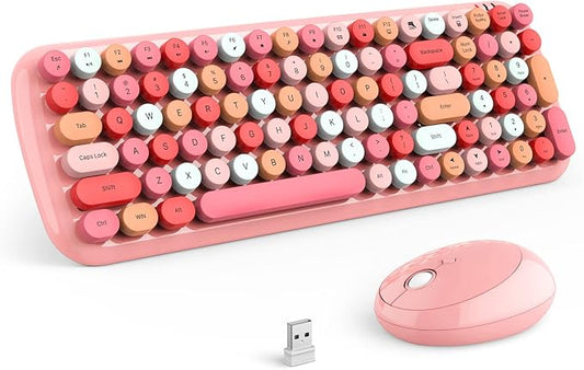 MOFII Wireless Keyboard and Mouse Combo, Full-Size Retro Typewriter-Style Wireless Keyboard with Optical Mouse for Computer/Laptop/Windows/Mac (Pink Colorful)