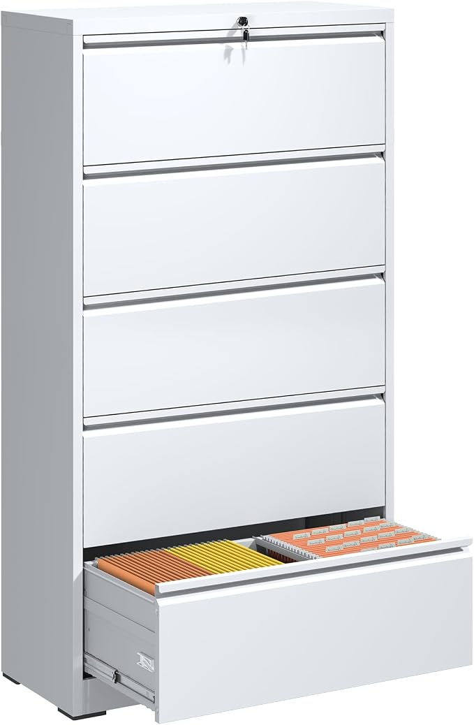 5 Drawer Metal Office Storage Filing Cabinet with Lock, White Lateral File Cabinet for Home Office, Horizontal Locking for Legal/Letter/A4, Assembly Required