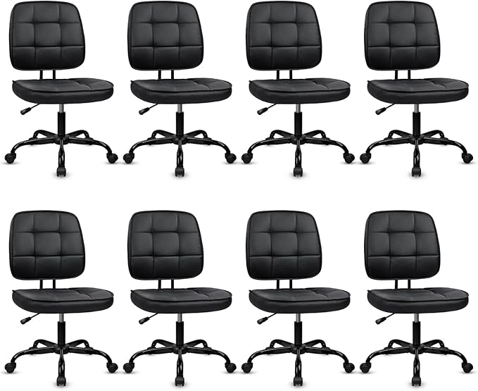 CLATINA Home Office Chair No Arms with Wheels, Armless Small Leather Ergonomic Low Back Desk Chairs Adjustable Height 360° Swivel Rolling Computer Task Chair for Work Conference Room, Black, 8 Pack