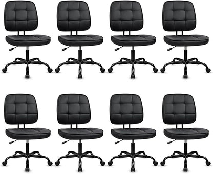 CLATINA Home Office Chair No Arms with Wheels, Armless Small Leather Ergonomic Low Back Desk Chairs Adjustable Height 360° Swivel Rolling Computer Task Chair for Work Conference Room, Black, 8 Pack