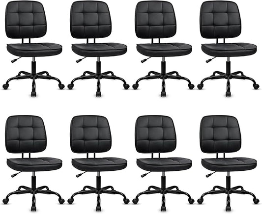 CLATINA Home Office Chair No Arms with Wheels, Armless Small Leather Ergonomic Low Back Desk Chairs Adjustable Height 360° Swivel Rolling Computer Task Chair for Work Conference Room, Black, 8 Pack