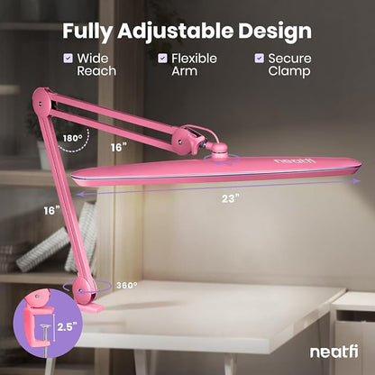 Neatfi XL 2,200 Lumens 24W LED Desk Lamp – 23” Wide Shade | Dimmable Eye-Caring Task Light | Adjustable Arm | Home Office, Study, Crafts & Nail Tech (Pink, Non-CCT with Clamp)