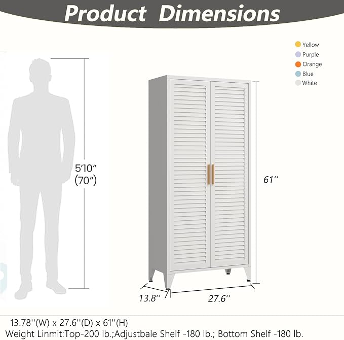 kastfh White Metal Storage Cabinet with Doors and 3 Adjustable Shelves, 61" Tall 4-Tier Pantry Storage Cabinet for the Kitchen, Living Room, Bedroom, Home, Bathroom and Office