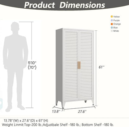 kastfh White Metal Storage Cabinet with Doors and 3 Adjustable Shelves, 61" Tall 4-Tier Pantry Storage Cabinet for the Kitchen, Living Room, Bedroom, Home, Bathroom and Office