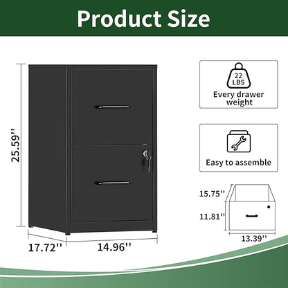 2 Drawer File Cabinet with Lock, Vertical Filing Cabinet for Home Office, Heavy Duty Storage Cabinet for Letter Size, Assembly Required(Black)