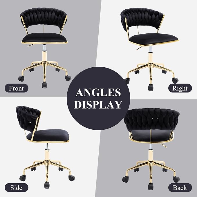 NIOIIKIT Home Office Chair, Velvet Upholstered Task Chair with Woven Open Back, 360° Swivel Desk Chair with Wheels, Adjustable Vanity Chair, Computer Chair for Office, Studio (Black)
