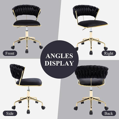 NIOIIKIT Home Office Chair, Velvet Upholstered Task Chair with Woven Open Back, 360° Swivel Desk Chair with Wheels, Adjustable Vanity Chair, Computer Chair for Office, Studio (Black)