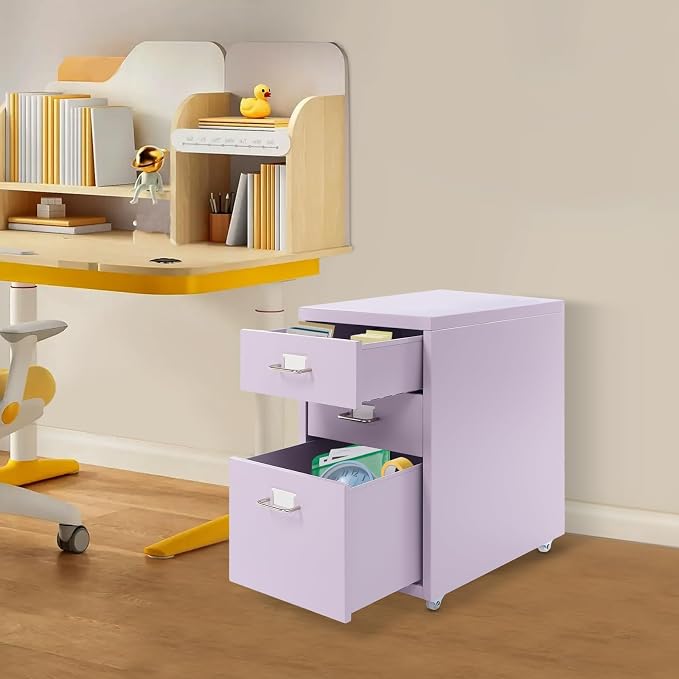 3-Drawer Mobile File Cabinet, Metal Filing Storage Cabinet with Wheels Small Nightstand Under Desk Organizer for Home Office (Purple)