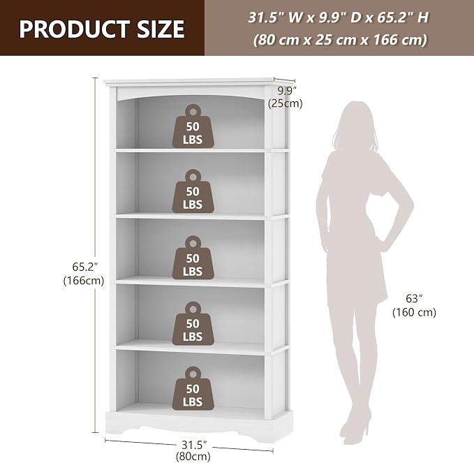 TVU 5-Tier Wooden Bookshelf, 31.5" W x 65" H ×9.9" D Bookshelf with Storage, Floor Standing Modern Style Display Bookcase for Living Room, Office, Study Room, Entryway, White