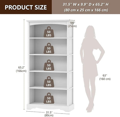 TVU 5-Tier Wooden Bookshelf, 31.5" W x 65" H ×9.9" D Bookshelf with Storage, Floor Standing Modern Style Display Bookcase for Living Room, Office, Study Room, Entryway, White