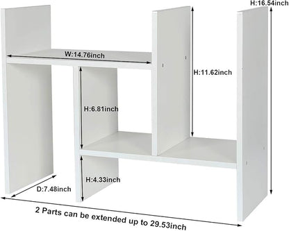 PAG Adjustable Desktop Shelf Wood Small Bookshelf Desk Supplies Organizers and Accessories Storage Display Rack Office Decor, White