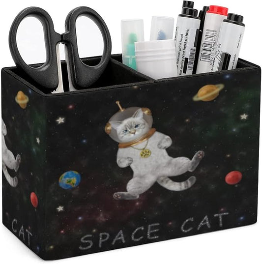 Niapessel Pencil Holder for Desk, Cat Astronaut Outer Space Pen Holder Storage Desktop Pen Organizer Desk Pencil Organizer Makeup Brush Holder for Office School College Leather