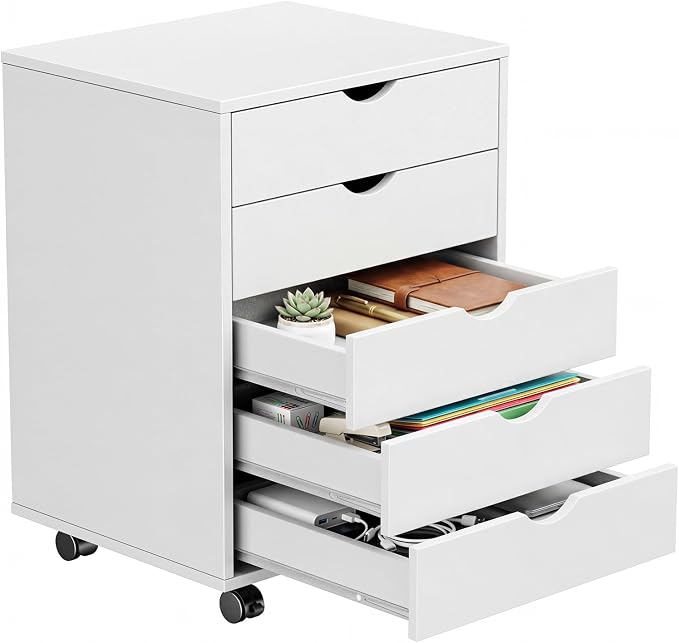 Mobile File Cabinet Under Desk, 5 Drawer Storage Organization with Wheels, Vertical Filing Chest Rolling Wood Small Desk Printer Stand for Home Office, 15.75" D x 18.74" W x 25.39" H