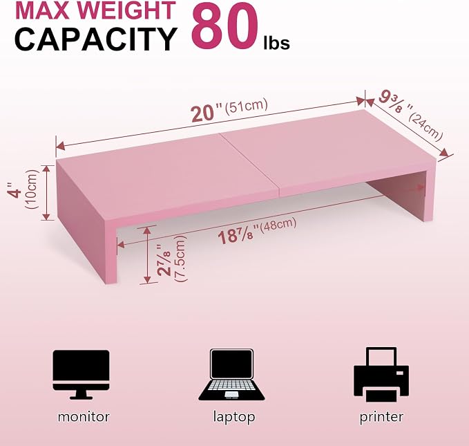 TEAMIX 2 Pack Pink Monitor Riser-20L inch, Cute Monitor Stand for Desk, Wood Sturdy TV/Screen/PC/Printer/Laptop Riser, Computer Shelf with Storage Desktop Organizer for Home Office