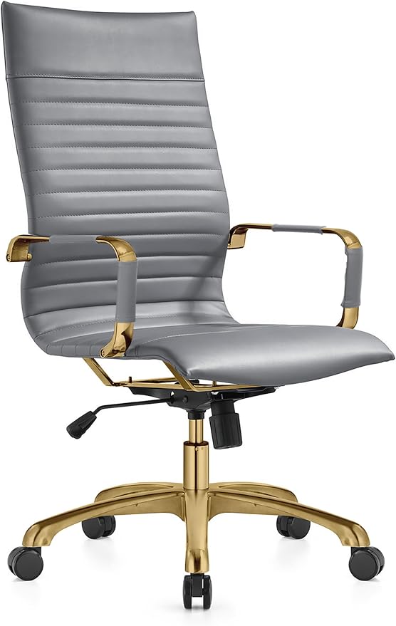 LeisureMod Harris High-Back Task Office Chair - Modern Leather Upholstery with Gold Frame, Ribbed Design 360 Degree Adjustable Swivel for Home, Office, and Study Room